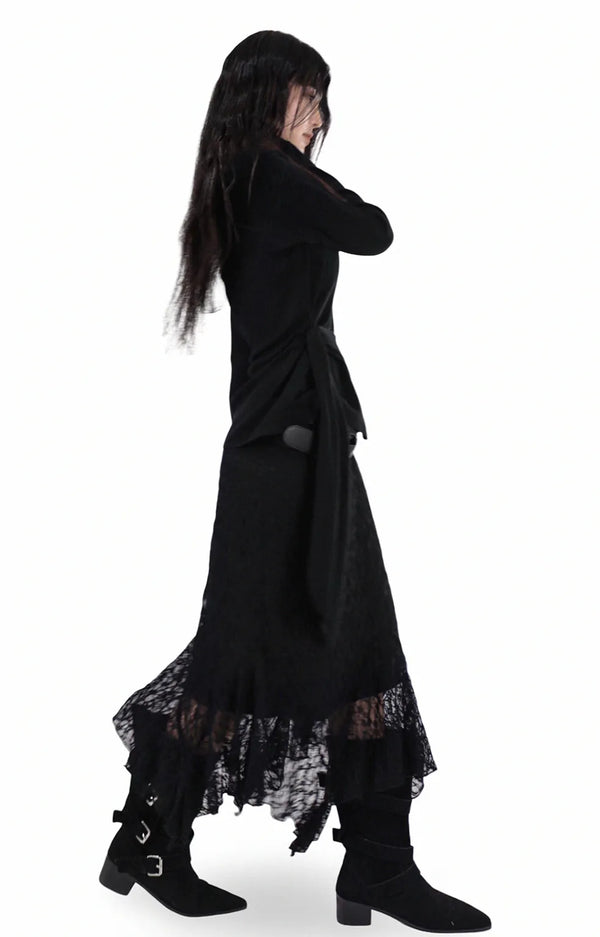 CLING LACE SEE-THROUGH SILHOUETTE UNBALANCED SKIRT