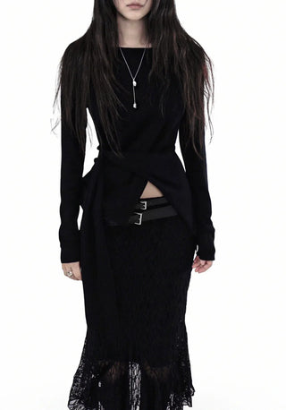 CLING LACE SEE-THROUGH SILHOUETTE UNBALANCED SKIRT