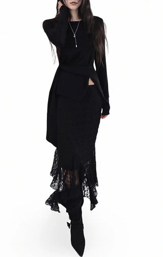 CLING LACE SEE-THROUGH SILHOUETTE UNBALANCED SKIRT
