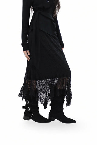 CLING LACE SEE-THROUGH SILHOUETTE UNBALANCED SKIRT