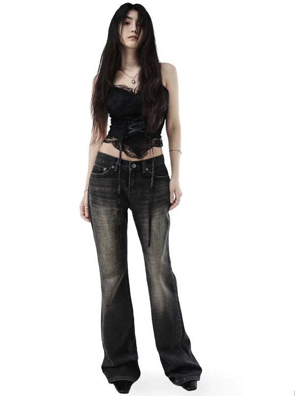 SEED LOW VINTAGE STITCH SLIM WIDE BOOTCUT JEANS