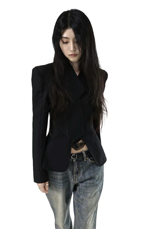 SCULPTED EDGE SLIT BACK OPEN BLACK JACKET