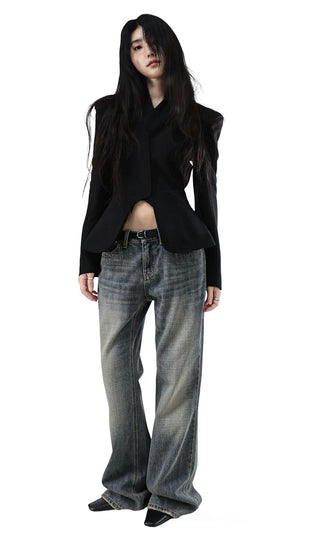 SCULPTED EDGE SLIT BACK OPEN BLACK JACKET