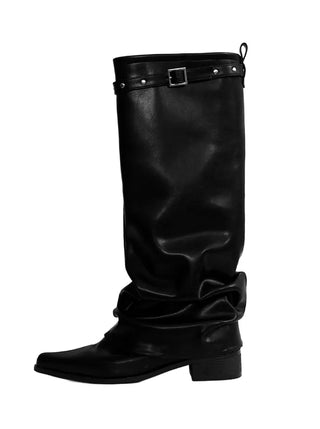 SLASH STUD STELLETTO SHIRRING WESTERN LONG BOOTS