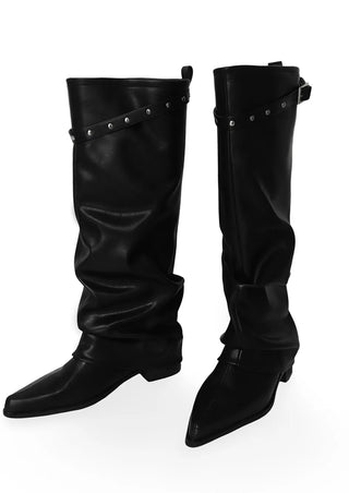 SLASH STUD STELLETTO SHIRRING WESTERN LONG BOOTS