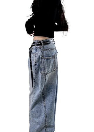 CURVED CUT DOUBLE BACK POCKET WIDE DENIM