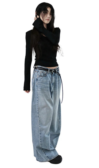 CURVED CUT DOUBLE BACK POCKET WIDE DENIM