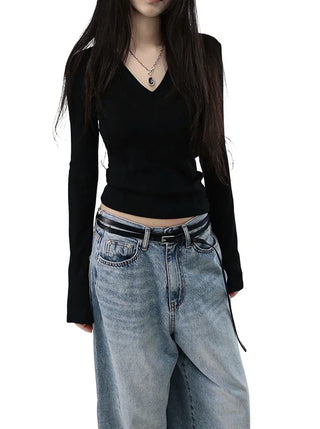 CURVED CUT DOUBLE BACK POCKET WIDE DENIM