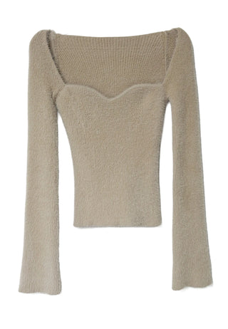 ANGORA SOFT BEIGE FUR HEART NECK KNIT TOP