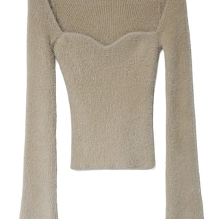 ANGORA SOFT BEIGE FUR HEART NECK KNIT TOP