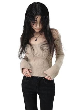 ANGORA SOFT BEIGE FUR HEART NECK KNIT TOP
