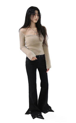 ANGORA SOFT BEIGE FUR HEART NECK KNIT TOP