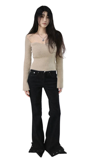 ANGORA SOFT BEIGE FUR HEART NECK KNIT TOP