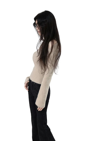 ANGORA SOFT BEIGE FUR HEART NECK KNIT TOP