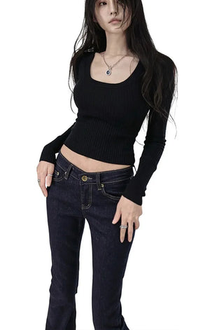 Elastic U-neck Slim Fit Cropped Knit Top
