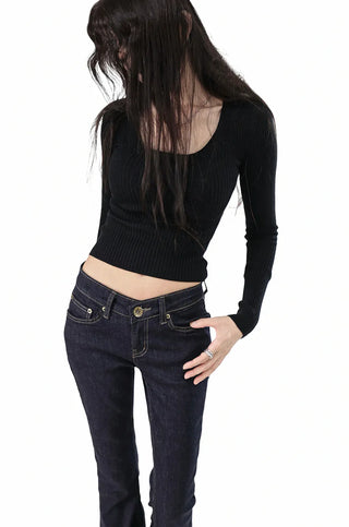 Elastic U-neck Slim Fit Cropped Knit Top