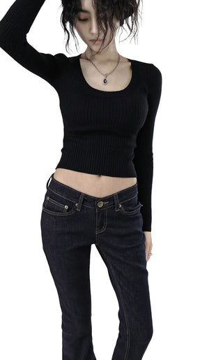 Elastic U-neck Slim Fit Cropped Knit Top