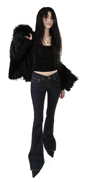 Deep Curved Low-Rise Stitch Dark Denim Bootcut Denim Jeans