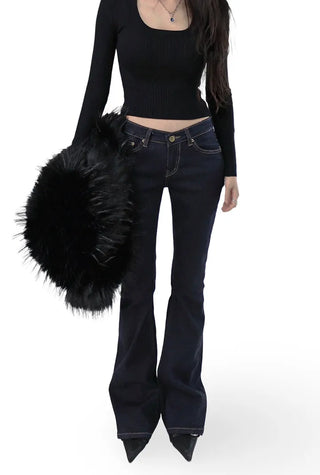 Deep Curved Low-Rise Stitch Dark Denim Bootcut Denim Jeans