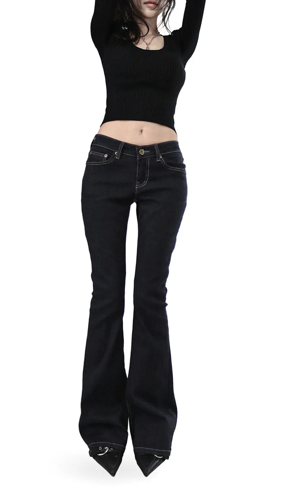 Deep Curved Low-Rise Stitch Dark Denim Bootcut Denim Jeans