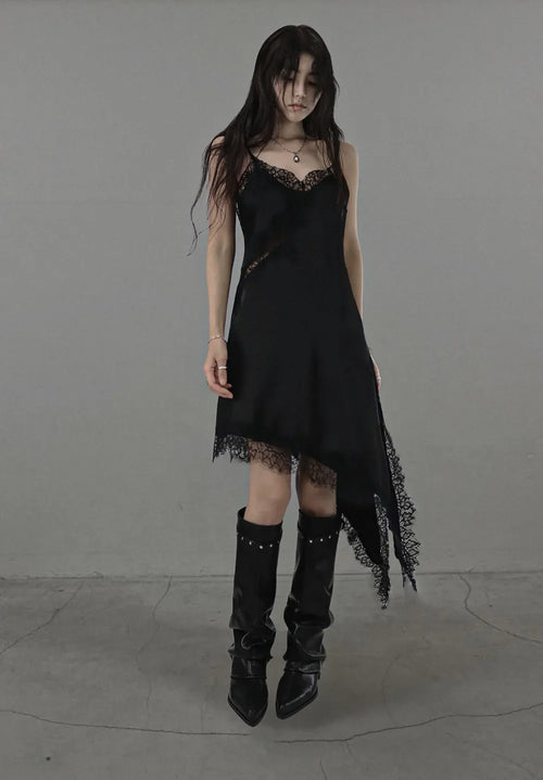 SERENE SATIN ASYMMETRIC LACE SLIP DRESS