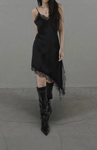 SERENE SATIN ASYMMETRIC LACE SLIP DRESS