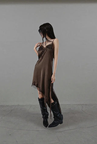 SERENE SATIN ASYMMETRIC LACE SLIP DRESS