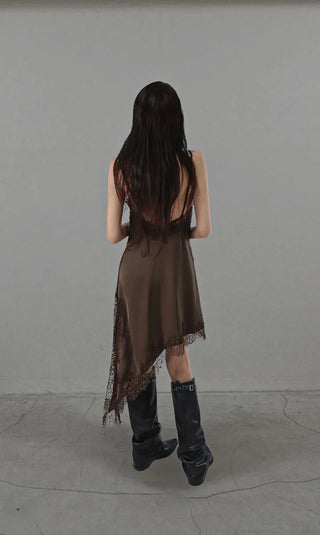 SERENE SATIN ASYMMETRIC LACE SLIP DRESS