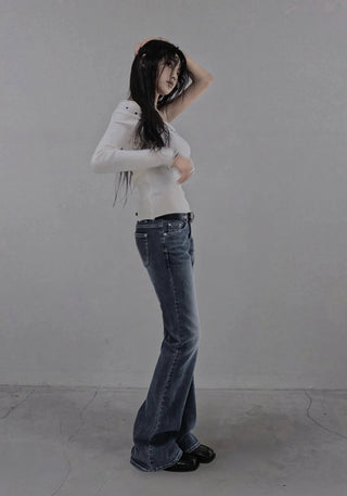 WHITE RIVET STITCH LOW BOOTCUT DENIM JEANS White rivet stitch low slim bootcut denim pants