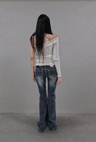 WHITE RIVET STITCH LOW BOOTCUT DENIM JEANS White rivet stitch low slim bootcut denim pants