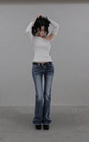WHITE RIVET STITCH LOW BOOTCUT DENIM JEANS White rivet stitch low slim bootcut denim pants