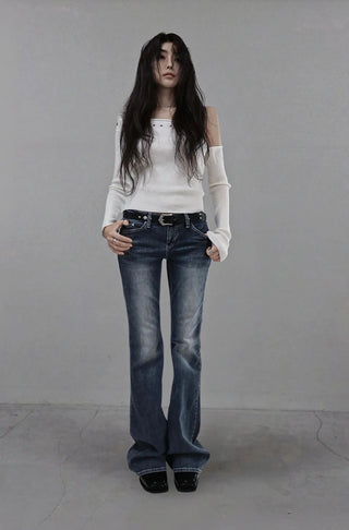 WHITE RIVET STITCH LOW BOOTCUT DENIM JEANS White rivet stitch low slim bootcut denim pants