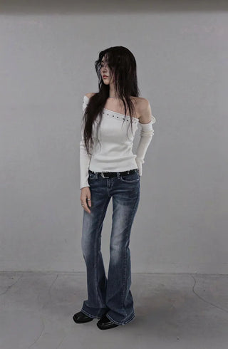 WHITE RIVET STITCH LOW BOOTCUT DENIM JEANS White rivet stitch low slim bootcut denim pants