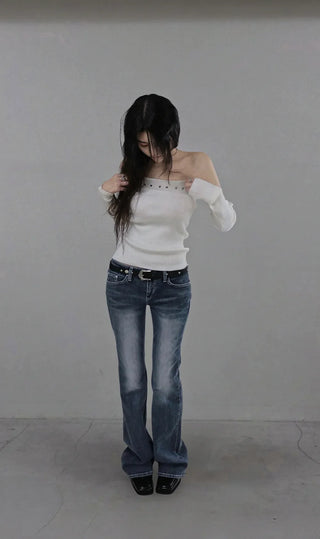 WHITE RIVET STITCH LOW BOOTCUT DENIM JEANS White rivet stitch low slim bootcut denim pants