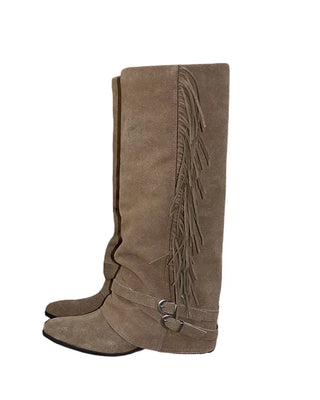 Tassel Fringe Belt Cowhide Suede Folding Long Boots