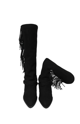 Tassel Fringe Belt Cowhide Suede Folding Long Boots