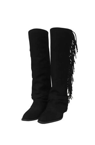 Tassel Fringe Belt Cowhide Suede Folding Long Boots
