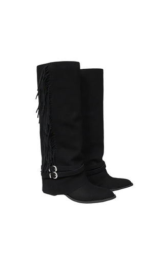 Tassel Fringe Belt Cowhide Suede Folding Long Boots