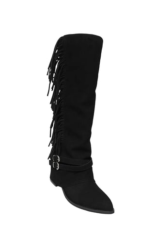 Tassel Fringe Belt Cowhide Suede Folding Long Boots
