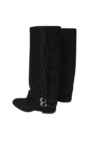 Tassel Fringe Belt Cowhide Suede Folding Long Boots