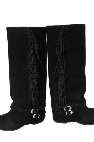 Tassel Fringe Belt Cowhide Suede Folding Long Boots