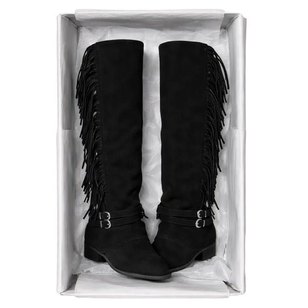 Tassel Fringe Belt Cowhide Suede Folding Long Boots