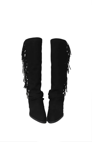Tassel Fringe Belt Cowhide Suede Folding Long Boots