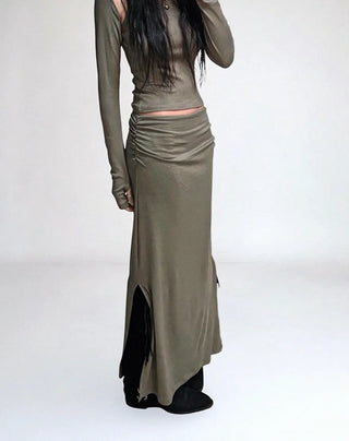 Tassel Fringe Belt Cowhide Suede Folding Long Boots