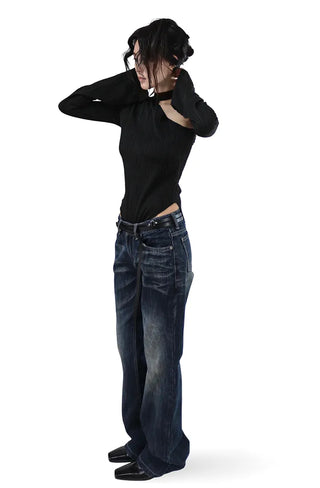 WAVY WAVE V-CUT ONE-OFF SHOULDER CUT-OUT BLOUSE TOP