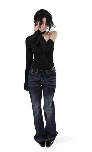 WAVY WAVE V-CUT ONE-OFF SHOULDER CUT-OUT BLOUSE TOP