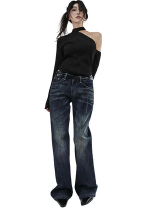 WAVY WAVE V-CUT ONE-OFF SHOULDER CUT-OUT BLOUSE TOP