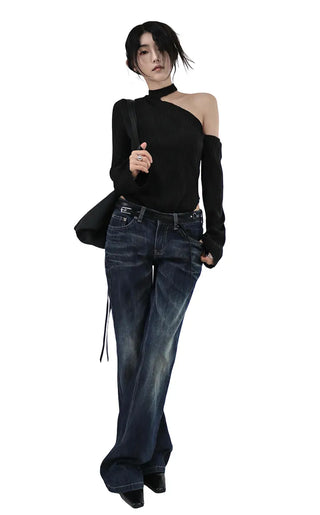 WAVY WAVE V-CUT ONE-OFF SHOULDER CUT-OUT BLOUSE TOP