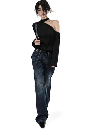WAVY WAVE V-CUT ONE-OFF SHOULDER CUT-OUT BLOUSE TOP