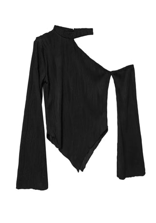 WAVY WAVE V-CUT ONE-OFF SHOULDER CUT-OUT BLOUSE TOP